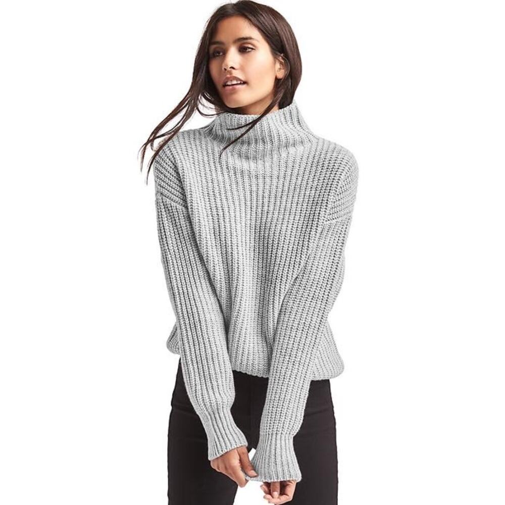 Gap (M) Grey Knit Funnel Neck 'Shaker' Sweater Pullover Turtleneck Minimalist